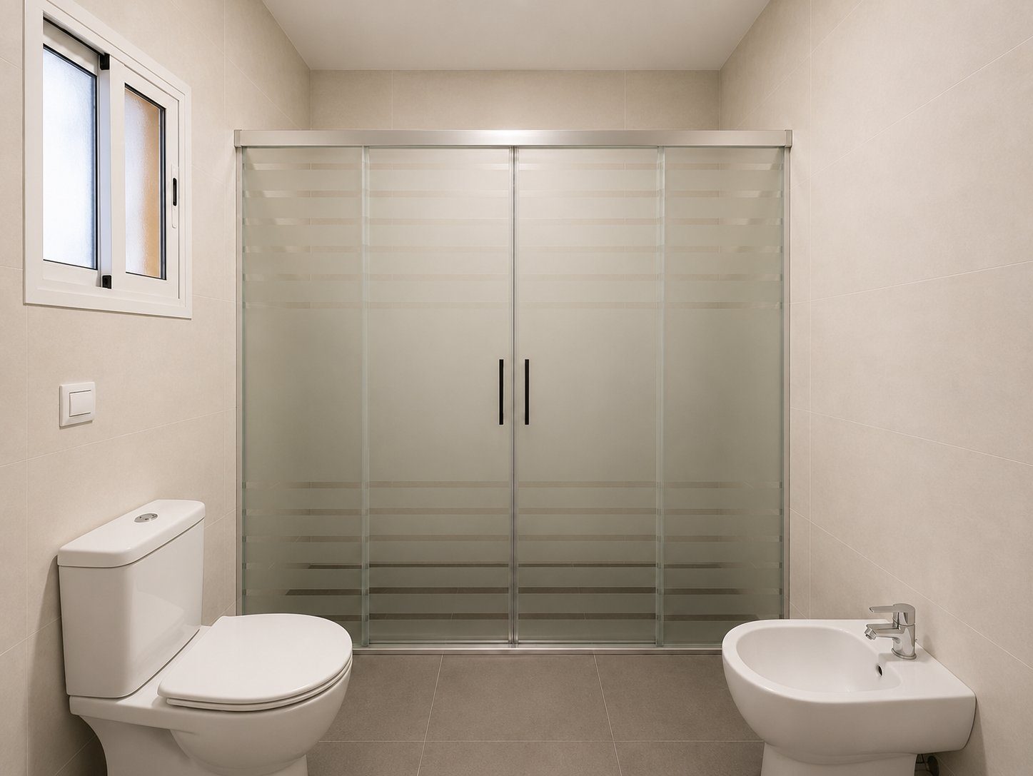 Baño con azulejo neutro, puerta y mueble en roble